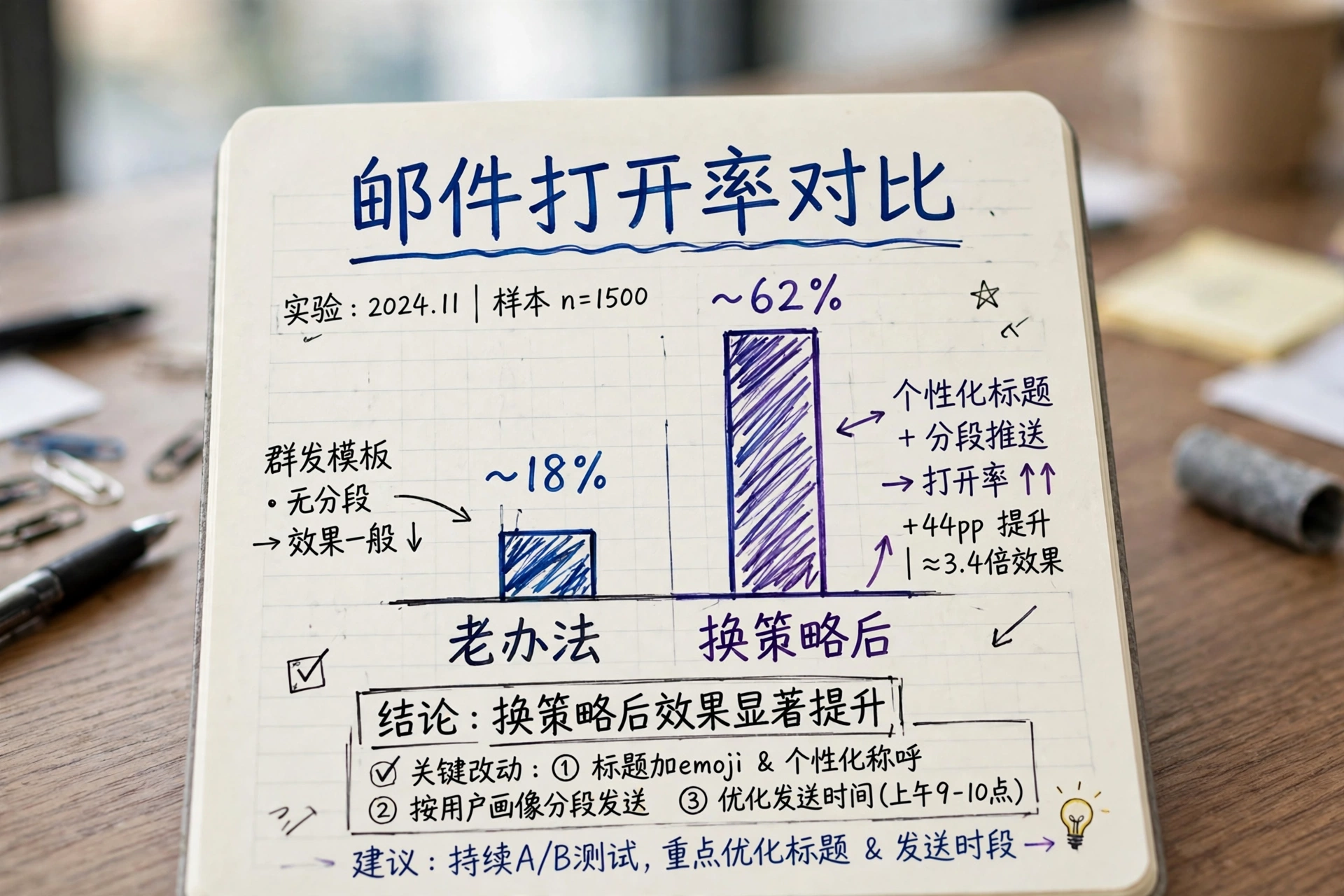 两批Gmail开发信打开率对比示意