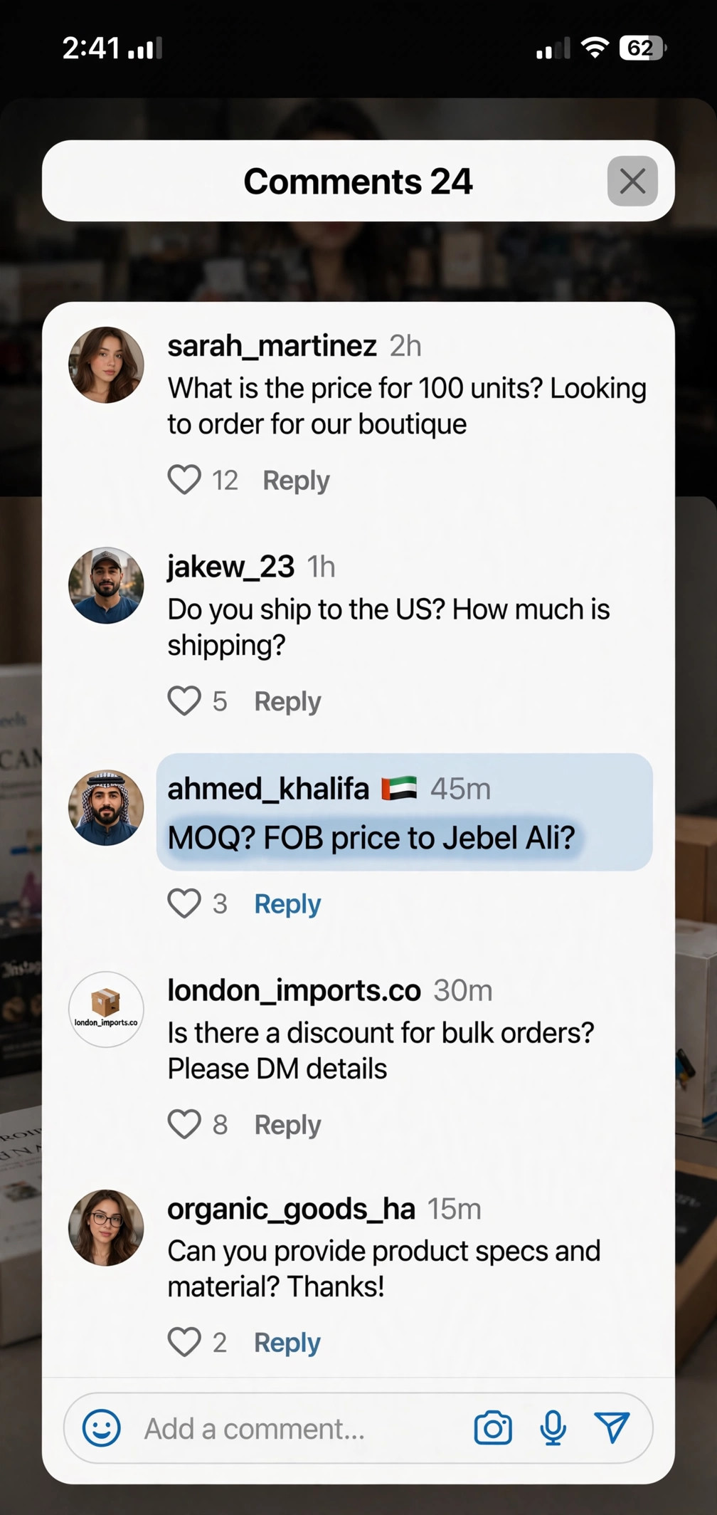 Instagram评论区迪拜客户询问MOQ截图示意