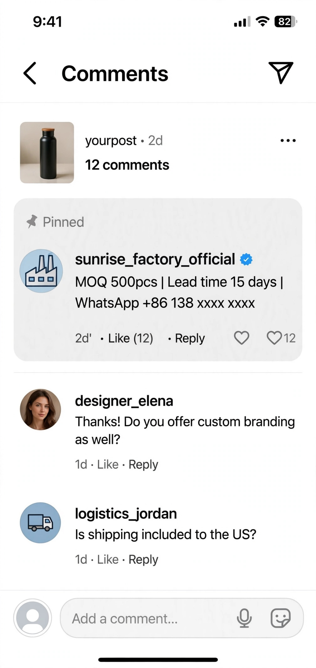 Instagram置顶评论写清MOQ交期联系方式